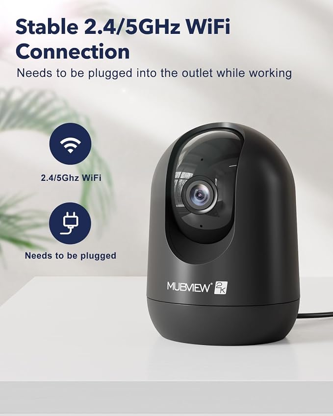MUBVIEW Cameras for Home Security, Indoor Security Camera, 2.4/5GHz WiFi Wired Camera Ideal for Dog/Elder/Baby, Motion Tracking, Two-Way Audio, Pan Tilt, 7X24, 2K Night Vision | 2.4/5GHz WiFi, pan-tilt view, motion tracking, 24/7 monitoring, 2-way audi...