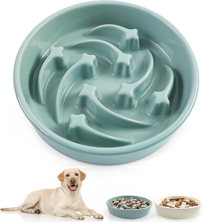 Ceramic Slow Feeder Dog Bowls,1.5 Cups Dog Food Dish for Medium Large Breed | Food Bowl for Fast Eater, 28OZ, 8.15 inch (Light Green)
