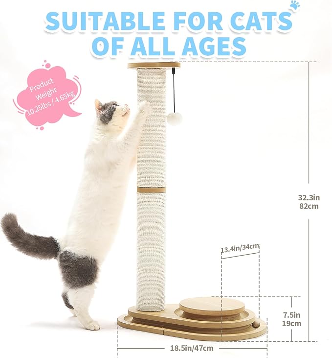 Made4Pets Tall Cat Scratching Post for Indoor Cats with Ball Track 32" | Interactive Tall Cat Scratching Post with Natural Sisal Rope, Rolling Ball Track and Extra Scratching Height, Modern Décor