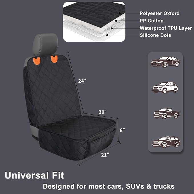 Dog Car Seat Cover Front Seat - Waterproof and Non-Slip, Heavy-Duty Pet Seat Protector with Side Flaps, Full Protection for Front Bucket Chairs on Cars SUVs Trucks (Black, Standard Front)