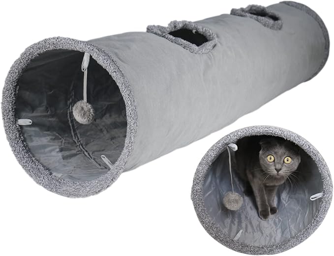Cat Tunnel for Indoor Cats, 51×12 inch Foldable Big Cat Tunnel, Grey Suede Pet Tunnels with Two Peepholes and a Bubble Ball