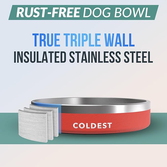 Coldest Dog Bowl - Anti Rust Metal, Non Slip, 3 Layers Insulated Stainless Steel Dog Bowls - Spill Proof & Heavy Duty - Water Bowl for Dogs, Cats & Pets, Dish Washer Safe (21 oz, Red)