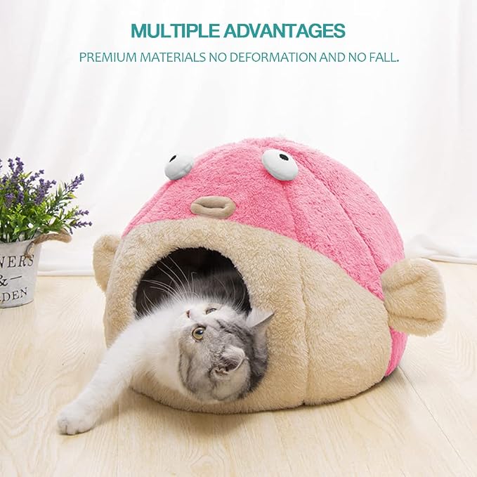 Cat Beds for Indoor Cats-Cat Bed Cave,Cute Lively Pufferfish Shape,Pink L | 2 in 1 Cats House for Kitten with Removable Washable Cushioned Pillow,Soft plush cat Tent for cat Hideaway,Machine Washable