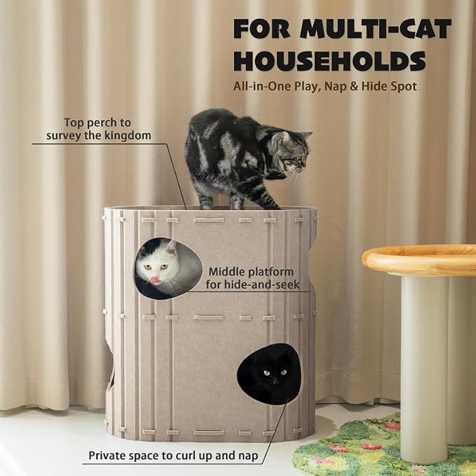 PETKARAY 2-Story Felt Cat House, Large Bed Cave for Indoor Cats, Felt Tunnel Hideaway Condo for Multi-Cat Households, 23.6x22x12 inches, Grey