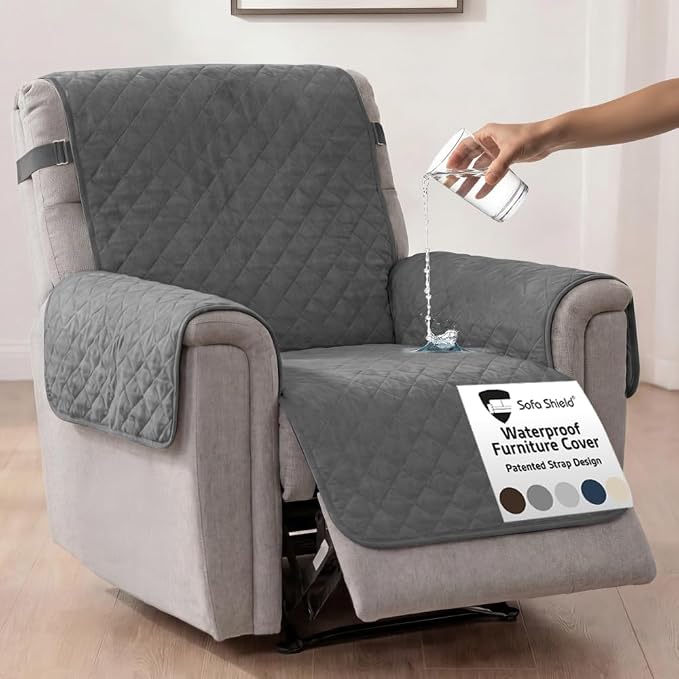 Sofa Shield 100% Waterproof Couch Cover with Patented Straps, Slip and Stain Resistant, Machine Washable Sofa Slipcover for Dogs Cats Pets Kids, 28 inch Seat, Large Recliner, Dark Gray