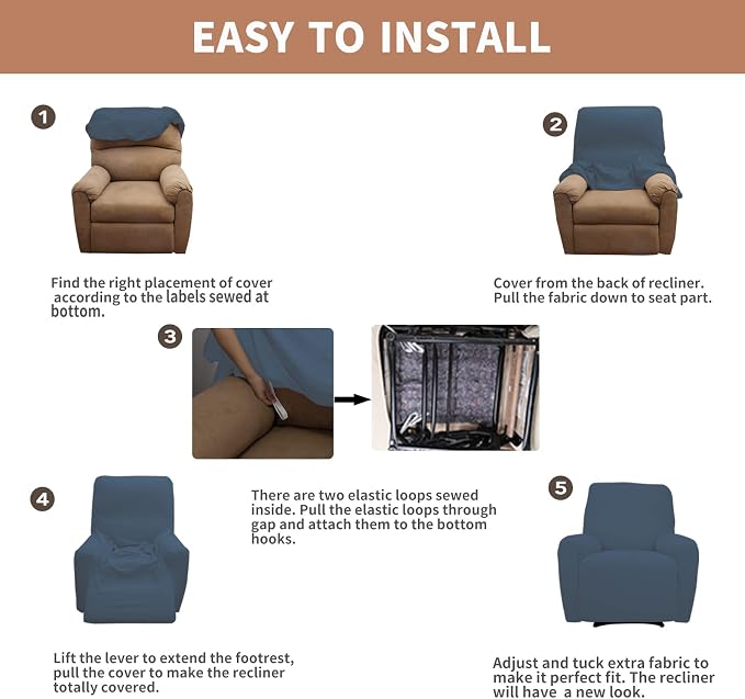 Easy-Going 100% Waterproof Recliner Chair Cover，1-Piece Recliner Slipcover | Dual Waterproof Couch Cover for Recliner，Leakproof Furniture Protector for Kids Pets Dog Cat Daily Stain, Bluestone