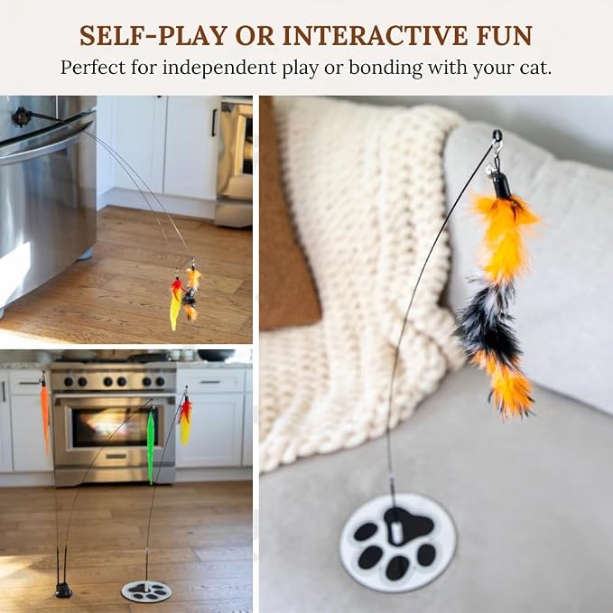 Cat Toys for Indoor Cats, Interactive Cat Toy Wand, Kitten Stuff, 9 Lures | 3 Play Modes! Set The No-topple Base On A Couch, Attach The Dual Suction Base, Or Use The Handheld Fishing Pole Wand.