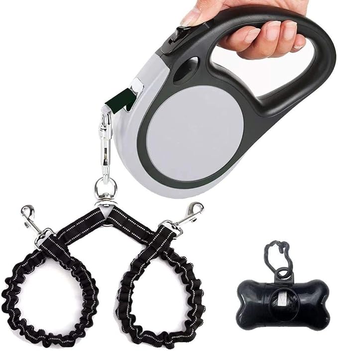 Dual Retractable Dog Leash for Walking 2 Small Dogs(Up to 44 Lbs Each) - Double Headed 18.5ft Extendable Pet Leash with Poop Bags, Non Slip Grip, One Button Control, 360 Tangle-Free (Gray, Medium)