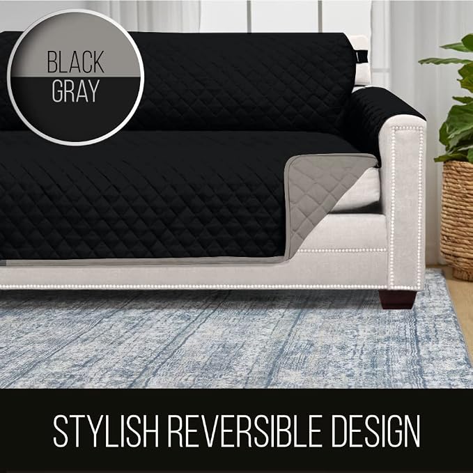 Sofa Shield® Couch Slip Covers for Dogs, Reversible Furniture Protector with Strap, Stain and Tear Resistant Cushion Cover, 78 inch Seat, Machine Washable Slipcover Pets, Cats, Black Gray