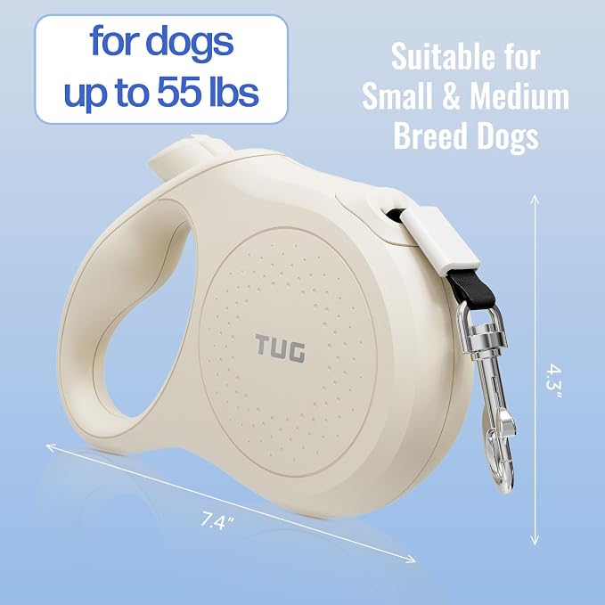 TUG Quest Retractable Dog Leash | 360° Tangle-Free Retraction | 16 ft Strong Nylon Tape (Medium, Cream)