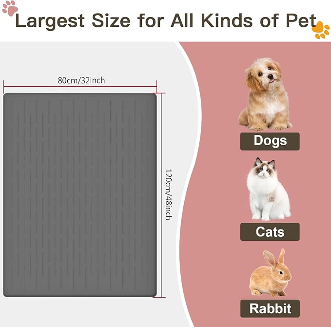 Largest Dog Food Mat, 48"x32" Silicone Dog and Cat Mat for Food and Water Bowls, Thinken Waterproof Non-Slip XXXL Pet Feeding Mat for Floors (Dark Gray)