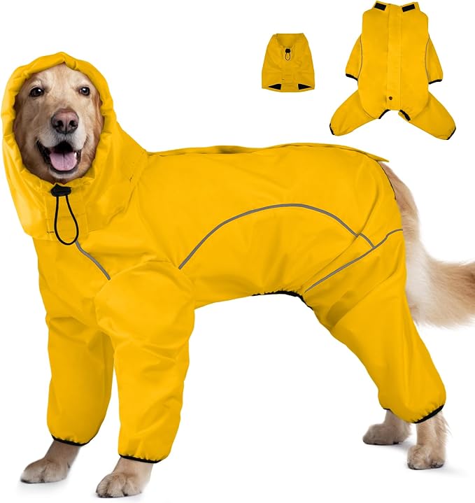 ADINIKIA Dog Raincoat,Waterproof Rain Jacket with Removable Hood,Yellow L | Leash Hole/ Reflective Stripe/Adjustable 4 Legs Rainsuit/Full Coverage/ Snowproof Windproof/ For Small to 3X-Large Dogs