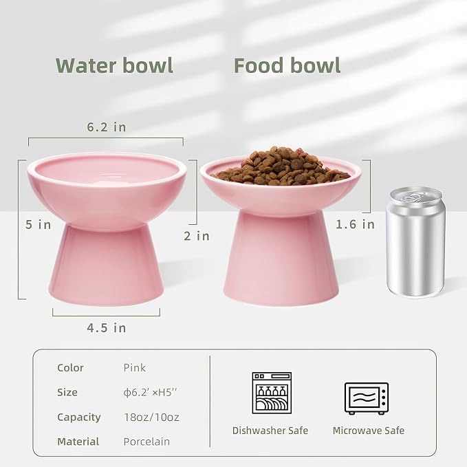 CEEFU 2-Pack Elevated Ceramic Cat Bowls Extra Wide for Food & Water | Anti Vomiting, Whisker Friendly, Shallow Food Dish and Deep Water Bowl, Lead & Cadmium Free, Raised Height for Cats, Pink