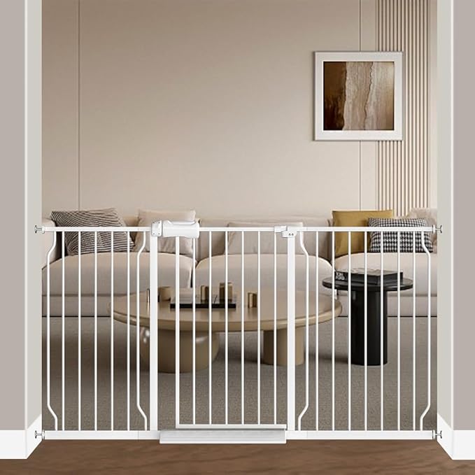 Fairy Baby 62-67 Inch Extra Wide Baby Gate Pressure Monuted Safety Gates | No Drill Auto Close Dog Gate for Doorways, Adjustable Metal Long Gate for Living Room Walk-Thru, One-Hand Operation, White