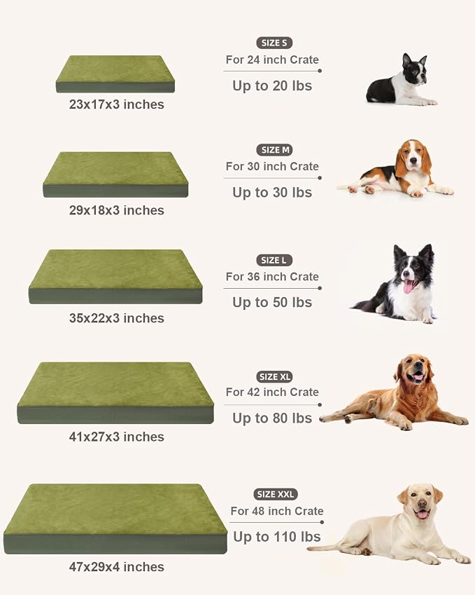 KSIIA Orthopedic Dog Bed for Large Dogs with Waterproof Lining, Green,41x27 | Deluxe Soft Plush Dog Crate Bed, Washable Pet Mat with Removable Cover & Egg Crate Foam for Large Dogs Sleeping & Relaxing