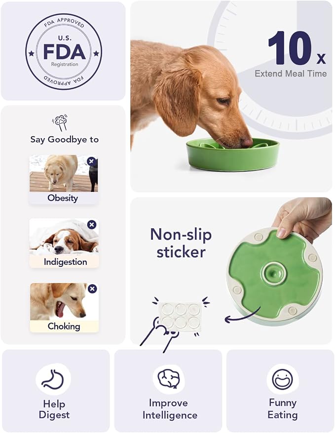 LE TAUCI Ceramic Slow Feeder Dog Bowls Small Breed, 0.6 Cups Dog Food Dish for Fast Eaters, Puzzle Bowl for Small Dogs and Cats,Clover Green