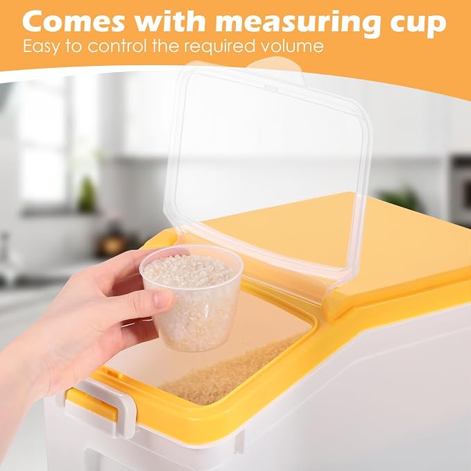 4 Pcs Rice Storage Containers Bulk Flour Sugar Container Wheels Measuring Cups Set Airtight Pet Dog Cat Birds Food Bin Grain Cereal Organizer Box for Dry Baking(Yellow,22 lb)