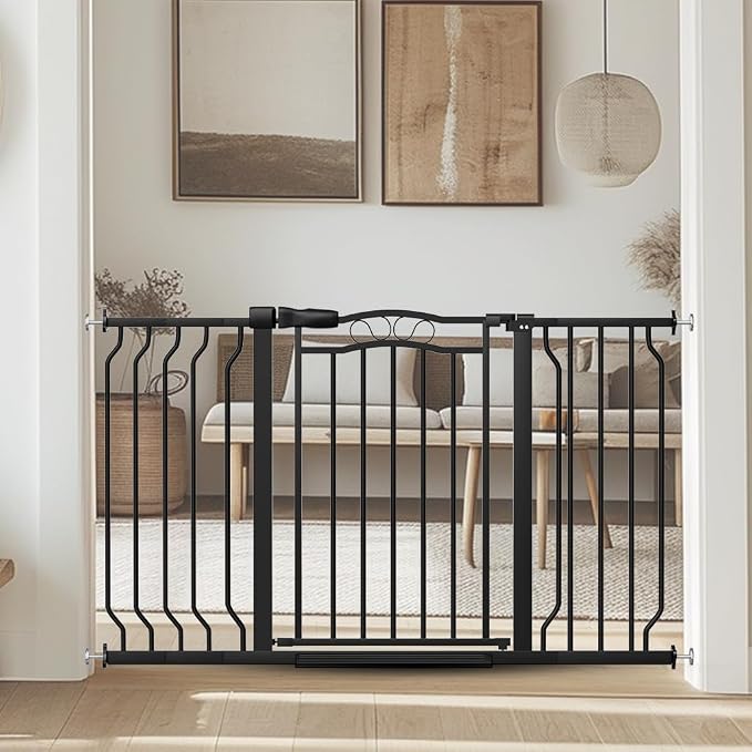Baby Gate for Stairs 29.53"-53.1" Extra Wide, Pressure Mounted Dog Gate Indoor, Walk Thru Pet Gate for Dog Child,Pet Gates for The House Doorway Black
