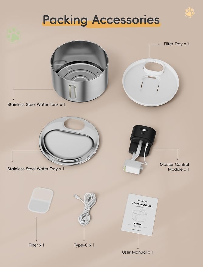 Stainless Steel Cat Water Fountain, Cordless Fountain for Cat & Dogs Indoor | 135fl.oz/4L Capacity, 4000mAh Battery, ultra-quiet