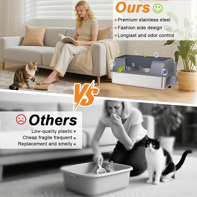 Vivifying Stainless Steel Cat Litter Box, XL Extra Large Semi-Enclosed Metal Pan with Side Entry, Scoop Included, Open Top Potty for Indoor Big Cats & Kitty, Easy to Clean & Odor Resistant (Gray)
