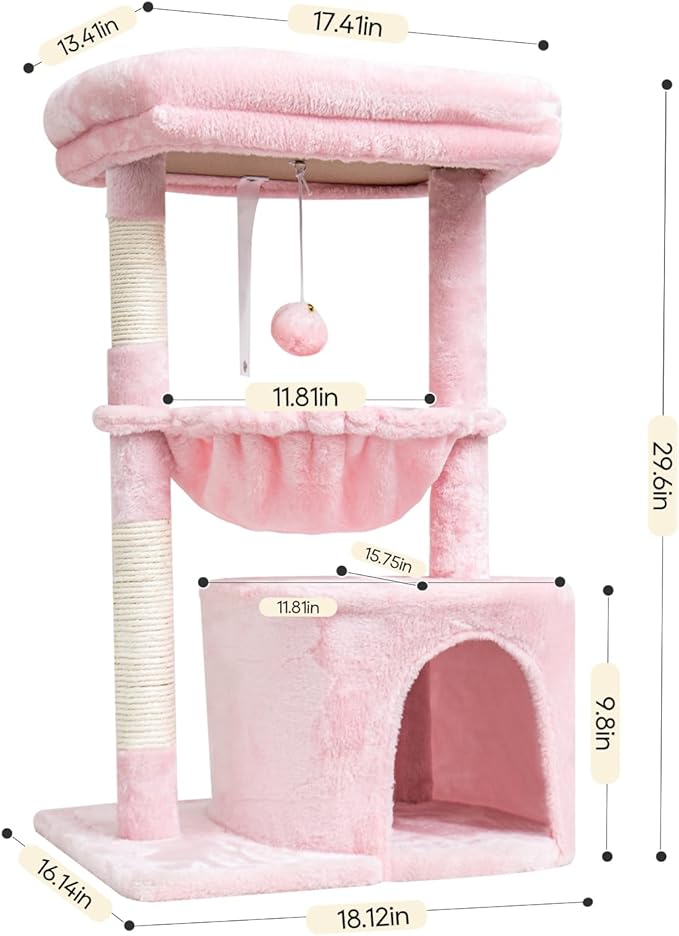 SYANDLVY Pink Cat Tree for Indoor Cats, Modern Tower with Scratching Post | Modern Cat House with Padded Perch, Kittens Condo with Cradle, Cat Cave, Pink