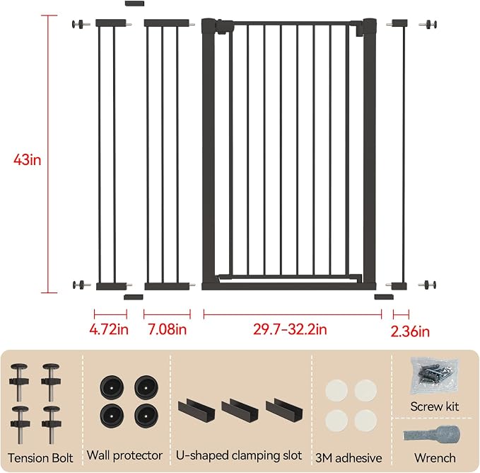 43 inch Tall Safety Dog Gate Adjustable 29.7-45.2inch Extra-Wide Metal Pet Gate Drill-Free Pressure-Mount Installation kit Self-Closing Cat Gate for Stairwells、Doorways（Black）