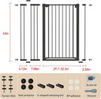 43 inch Tall Safety Dog Gate Adjustable 29.7-45.2inch Extra-Wide Metal Pet Gate Drill-Free Pressure-Mount Installation kit Self-Closing Cat Gate for Stairwells、Doorways（Black）