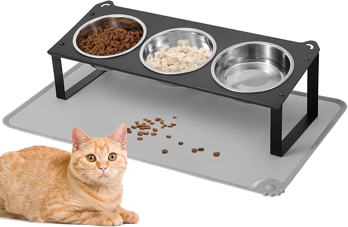 Elevated Cat Bowls with Food Mat, 10°Tilted Non-Slip Raised Cat Food Water Bowls Set, 3 Thick Stainless Steel Pets Dishes with Cute Metal Feeding Stand for Indoor Kitten Puppy, Anti-Vomiting