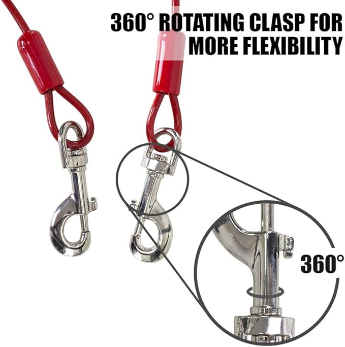 BV Dog Tie Out Cable 30 Feet - Heavy Duty Dog Lead Up to 125 Pounds - Reflective & Rust-Free with Quick Release Swivel Clips & 360° Rotating Clasp - Tangle-Free Dogs Runner for Yard (Red, Pair)