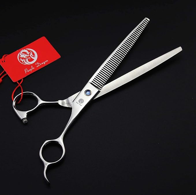 Purple Dragon 8.0 in Dog Grooming Scissors Set with Anti-Shock Bag - Silver | Japanese 440C Steel Pet Grooming Shears, Comfortable Grip, Includes Curved, Straight & Thinning Scissors with Silencer