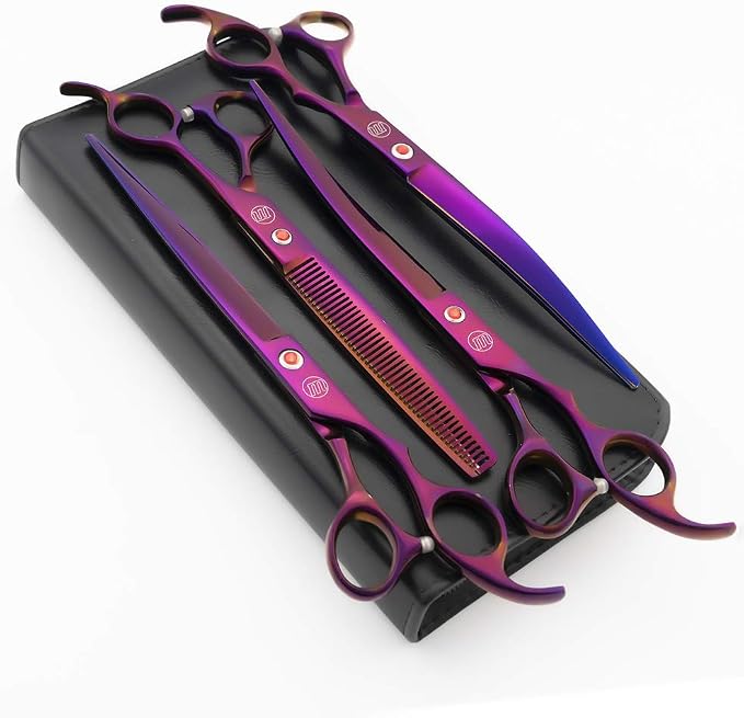 Moontay Professional 8" Dog Grooming Scissors Set 4PCS, Purple | Straight, Upward Curved, Downward Curved, Thinning/Blending Shears for Dog, Cat and Pets, JP Stainless Steel