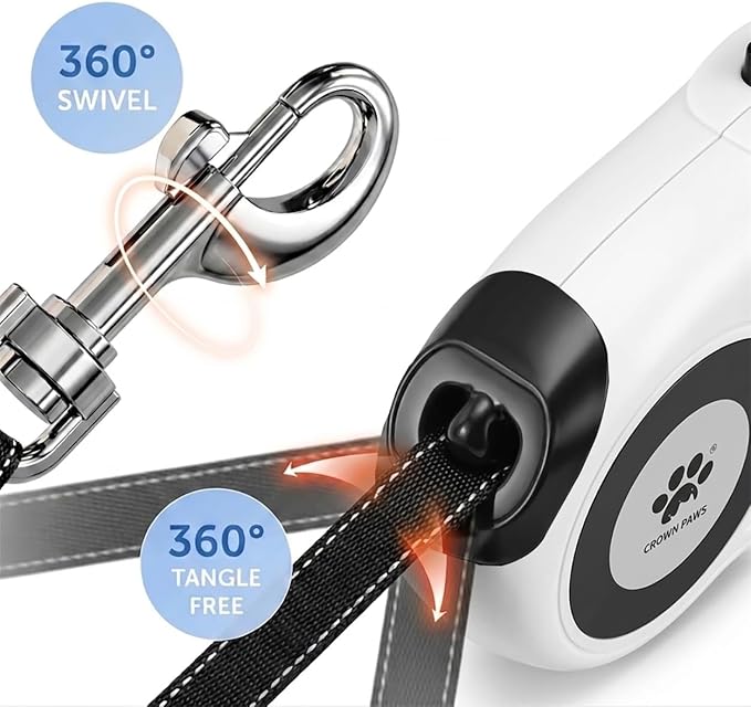 16 ft Retractable Dog Leash for Extra Large Dogs up to 130 lbs,Tangle-Free Nylon Tape,White Dan24 XL