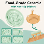 Slow Feeder Cat Bowls with Bamboo Stand, Ceramic Elevated Pet Food Plates for Cats and Small Dogs, Raised Non-Slip Feeder (Green/6.3")