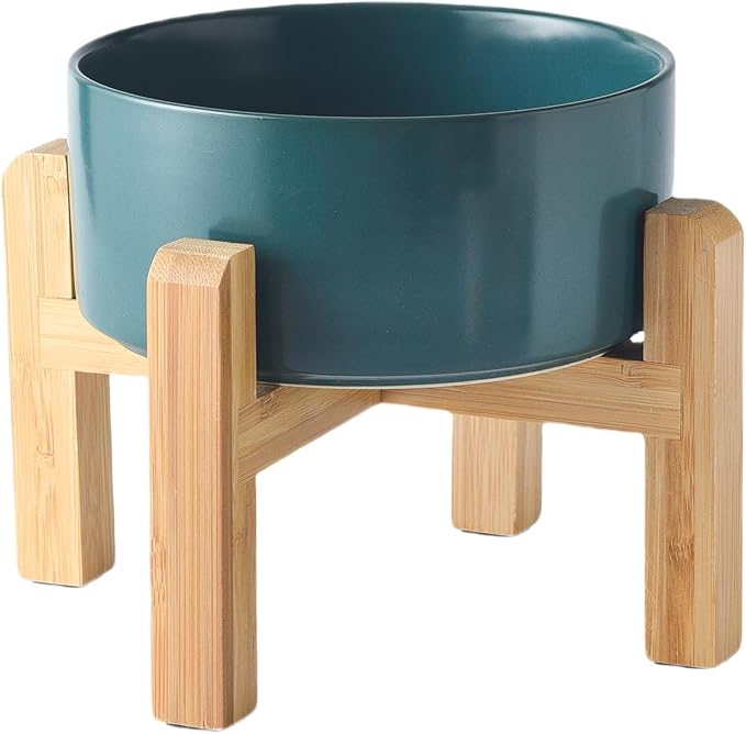 6'' Ceramic Raised Dog Bowl - 30Oz Dog Food & Water Bowl with Elevated Non-Slip Bamboo Stand, Dishwasher & Microwave Safe, Anti Vomiting Heavy Duty Pet Bowl for Small and Medium Dogs, Green