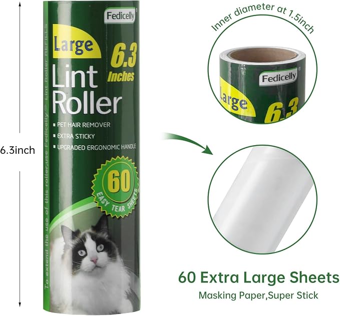 Fedicelly Large Lint Rollers Pet Hair Extra Sticky Refills,Mega Value Set 6.3 inches Wider with 320 Sheets for Cat and Dog Hair Removal,80 Sheets Per Roller (Pack of 4)