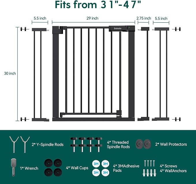 Babelio Baby Gate for Stairs No Drilling, 31-46" Wide Dog Gate with Door | Pressure/Wall Mount; Triple-lock System; Auto-close; 200N Impact Tested; Easy Install for Doorways, Kitchen, Hallway, Black