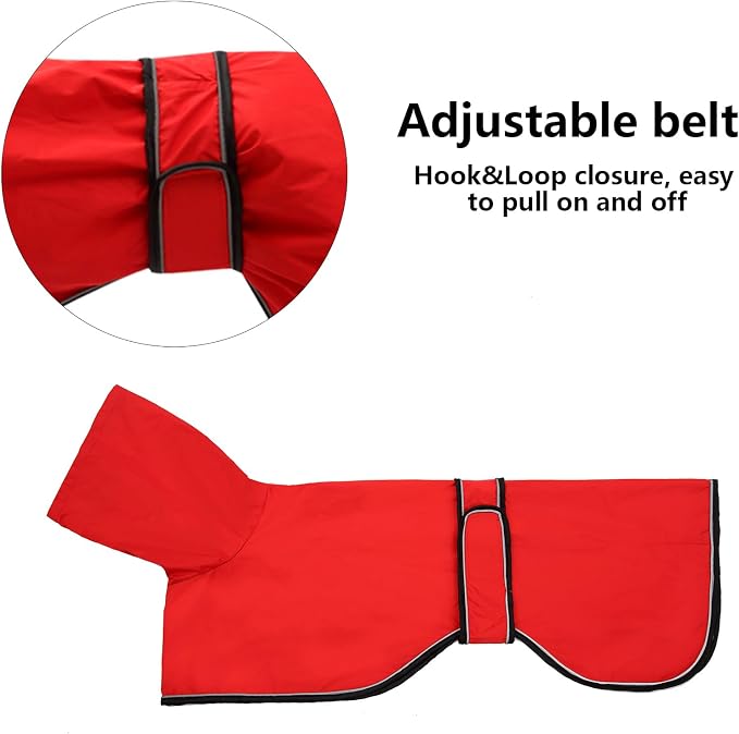 Greyhound Whippet Raincoat Waterproof with Reflective Stripe high Neck fit for Italian Greyhounds Whippets Long Back Breeds - Red - M