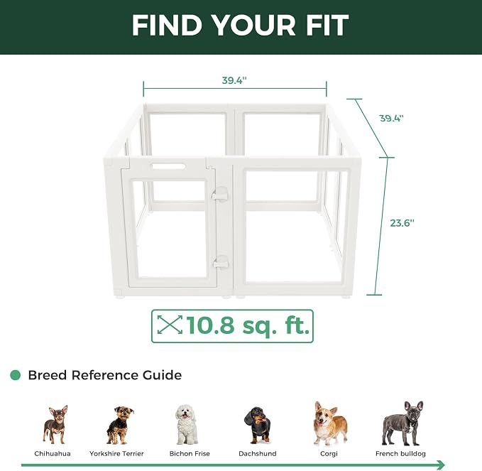 FXW AuraSpace Clear Acrylic Indoor Dog Playpen, 24" H, 8 Panels, White | Open View, Modern Home Fit, No Climbing Bars, Tool-Free Setup, For Puppies & Small Dogs