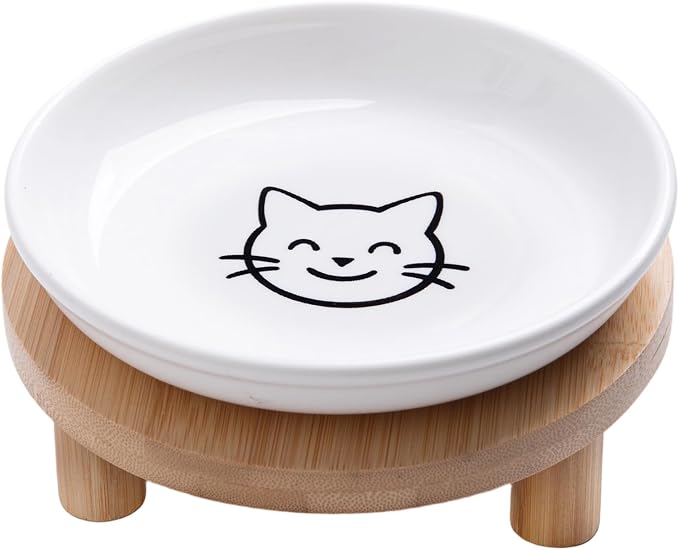 6 Inch Shallow Ceramic Elevated Cat Bowl, Whisker-Friendly Raised Flat Cat Food Plate Feeding Station with Bamboo Stand for Indoor Cats and Kittens (Single, 1.8" Stand, White)