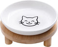6 Inch Shallow Ceramic Elevated Cat Bowl, Whisker-Friendly Raised Flat Cat Food Plate Feeding Station with Bamboo Stand for Indoor Cats and Kittens (Single, 1.8" Stand, White)