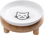 6 Inch Shallow Ceramic Elevated Cat Bowl, Whisker-Friendly Raised Flat Cat Food Plate Feeding Station with Bamboo Stand for Indoor Cats and Kittens (Single, 1.8" Stand, White)