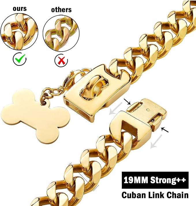 Gold Dog Chain Collar with Design Secure Buckle & ID Tag,18K Cuban Link Strong Heavy Duty Chew Proof Metal Walking Collar for Large Dogs(19MM 20'')
