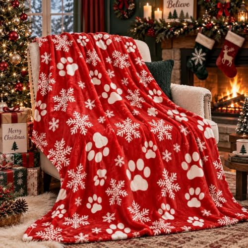 HunnmingRe Christmas Red Paw Flannel Blanket with Snowflakes, 50" x 60" by HunnmingRe