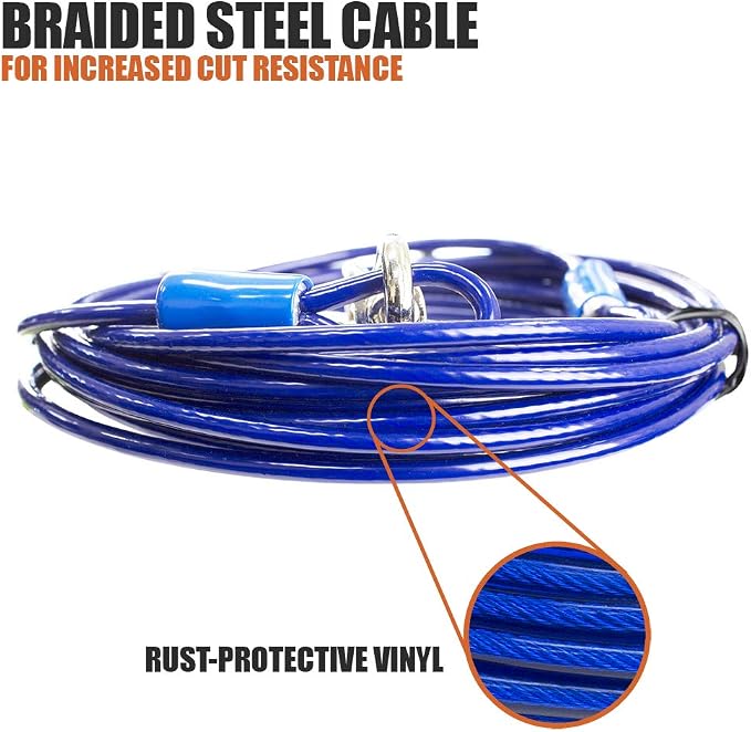 BV Dog Tie Out Cable 25 Feet - Heavy Duty Dog Lead Up to 60 Pounds - Reflective & Rust-Free with Quick Release Swivel Clips & 360° Rotating Clasp - Tangle-Free Dogs Runner for Yard (Blue, Pair)