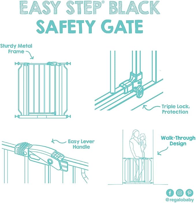 Regalo Safety 29"-38.5" Easy Step Baby Gate, Bottom of Stairs & Doorways | Pressure Mounted with Door, For Babies, Toddlers & Pets, Black, Tested & Trusted for 30 Years