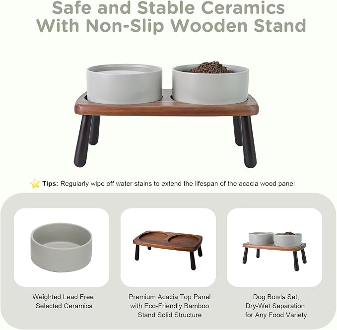 SPUNKYJUNKY Ceramic Elevated Dog Bowls Raised with Acacia Bamboo Wooden Stand, 6.1'' Dog and Cat Food Water Bowls Set Non-Slip for Small Medium Sized Breed Microwave Dishwasher Safe - 28.7 OZ,Grey