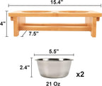 HTB Elevated Dog Bowl Stand with 2 Stainless Steel Bowls-4" H Small Bamboo | Raised Dog Bowl Stand, 4"tall, 21 Oz Bowls, for Small Sized Dogs, Pet-safe, Solid Bamboo