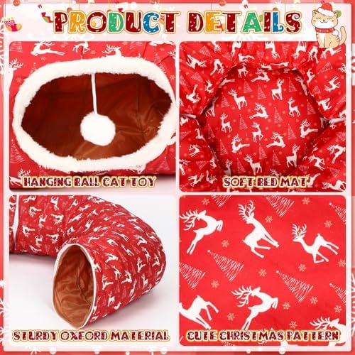 Cat Tunnel Christmas Tree Skirt Cat Bed Indoor 3 ft x 3 ft x 10 Inch Kitten Donut Tunnel with Ball Peekaboo Cave Pet Bed Round Hideaway Holiday Cave Circle Pets Gift(Elk) - Image 3