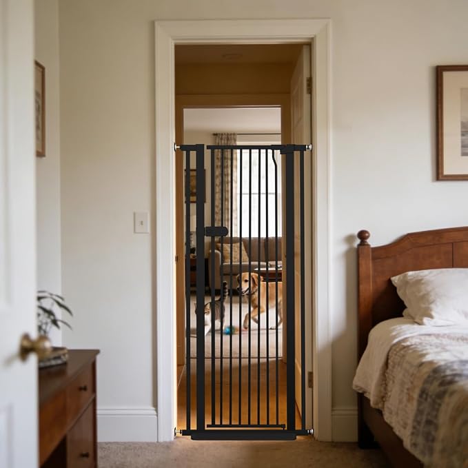 Lumizone Extra Tall Cat Gate 55.12" High 26.18"-29.91" Wide Pet Gate Black | Dog Gate for Doorway Hallway Stairs Pressure Mounted Extra Wide 1.37" Gap No Drilling Auto-Close One-Handed Operation