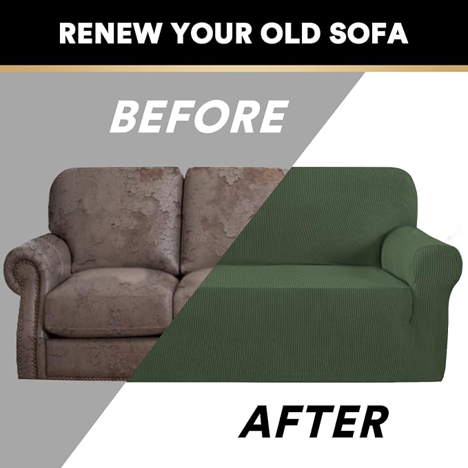 Stretch Sofa Cover Slipcover Couch Covers for 3 Cushion Couch Furniture Protector Sofa Covers with Non Slip Elastic Bottom Dogs Pet Friendly Fitted (Sofa, Bronze Green)